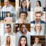 Crowded video screen with diverse multinational people on it. Video meeting online for office employees working remotely. Multiracial colleagues involved in online conference, video call. Hr data base